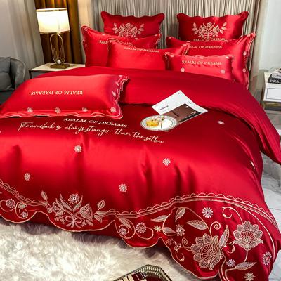 高档奢华欧式刺绣婚庆四件套大红色纯棉床单被套全棉结婚床上用品